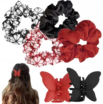 Sada do vlasů ČERNÁ ČERVENÁ 4 gumičky scrunchie 2 sponky skřipce 6v1