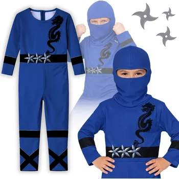 Karnevalový kostým KOSTÝM PŘEVLEK NINJA BOJOVNÍK PRO DĚTI MODRÝ KARNEVALOVÝ BÁL 128 134