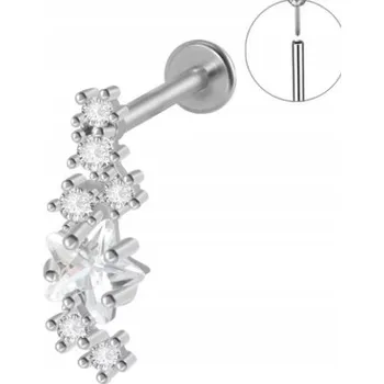 Náušnice Stříbrná náušnice PIERCING Labret s hvězdičkou a zirkony Ocel Ch 316L 1,2/8