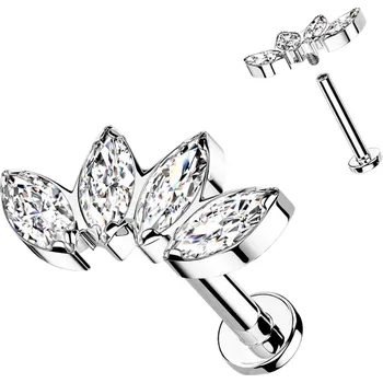 Piercing Atreya Titanová labreta s vnitřním závitem a 4 zirkony Leticia Barva: Čirá, Délka / Průměr: 6 mm