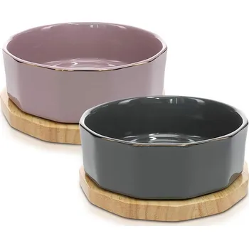 Set 2 velkých keramických misek na dřevěném podtácku | šedá/růžová
