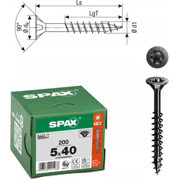 Vrut Vruty do dřeva SPAX 5x40 mm, plný závit, talířová hlava, černé, 200 ks