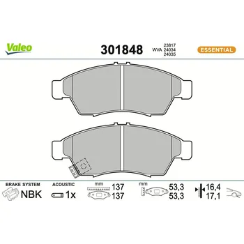 Brzdová destička Sada brzdových destiček, kotoučová brzda VALEO 301848