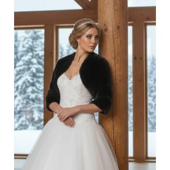 Dámský kožich Černé plyšové bolerko s 3/4 rukávem BF-45 Vybraná velikost: XS