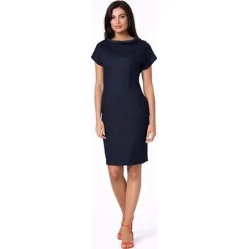 Dámské šaty ŽENSKÉ ŠATY ELEGANTNÍ MIDI BAVLNĚNÉ LEŽÉRNÍ TMAVĚ MODRÉ 38 M
