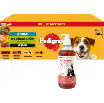 Krmivo pro psa PEDIGREE® Adult Mokré krmivo pro dospělé psy, Výběr chutí v omáčce, 80x100g + Lab-v Lososový olej 500 ml
