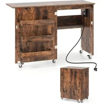 Zahradní stůl Skládací šicí stůl HW73606DE-CF s integrovaným napájením, hnědý - A COSTWAY