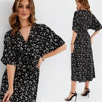 Dámské šaty ŠATY ROZKLOSOVANÉ MÓDNÍ MAXI S VÁZÁNÍM V PASE KVĚTINOVÉ ČERNÉ 42 XL