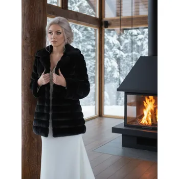 Dámský kožich Dámský kožešinový kabát černý BF-207 Vybraná velikost: L