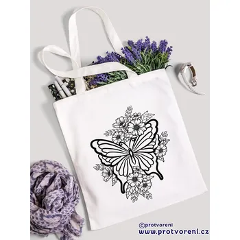 Nákupní taška Textilní taška k vybarvení, MOTÝL V KVĚTINÁCH, 41x37cm, BÍLÁ, 1 kus