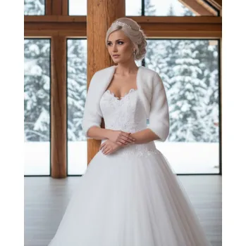 Dámský kožich Plyšové svatební bolerko s 3/4 rukávem - bílé: BF-45 Vybraná velikost: L