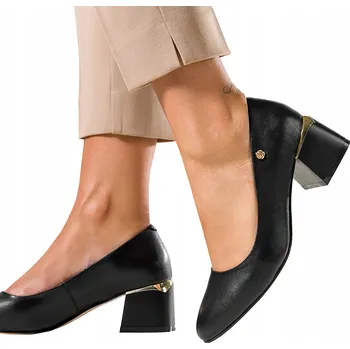 Dámské lodičky DÁMSKÉ ČERNÉ KOŽENÉ LODIČKY NA OZDOBNÉM BLOKOVÉM PODPATKU SE ZLATÝM ZDOBENÍM vel. 38