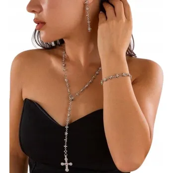 Náhrdelník Dlouhý Stříbrný Dámský Náhrdelník Křížek s Zirkony