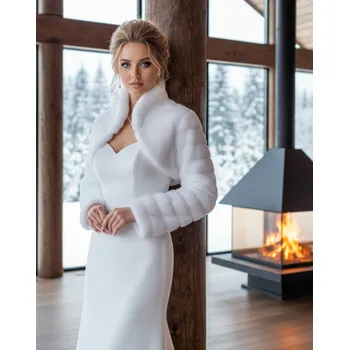 Dámský kožich Kožešinové svatební bolerko s vysokým límcem - bílé: BF-201 Vybraná velikost: 5XL