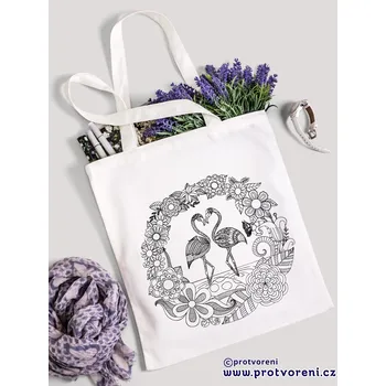 Nákupní taška Textilní taška k vybarvení, PLAMEŇÁCI A KVĚTINY, 41x37cm, BÍLÁ, 1 kus