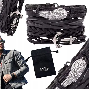 Náramek PÁNSKÝ NÁRAMEK KOŽENÝ KOTVA PEŘÍ SET ČERNÝ JAKO DÁREK AVEK 4V1