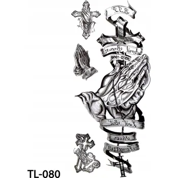 Odstranitelné tetování Dočasné tetování TATTOO 3D 19x9 modlící se ruce kříže náboženské černé