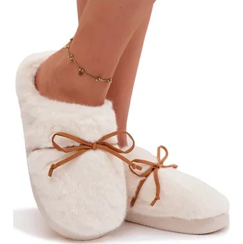 Dámské pantofle Dámské chlupaté PANTOFLE (bačkory) s vázáním na MAŠLIČKA (mašli), pohodlné a teplé, barva ECRU, velikost 40/41