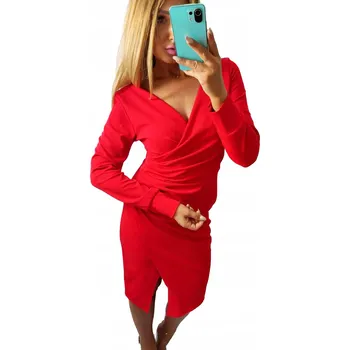 Dámské šaty V874 ŠATY OBÁLKOVÉ NAŘASENÉ ČERVENÉ vel. 46 (3XL)