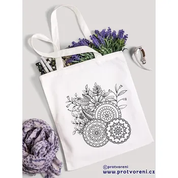 Textilní taška k vybarvení, MANDALY A KVĚTINY, 41x37cm, BÍLÁ, 1 kus