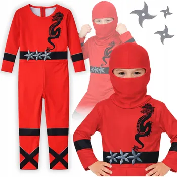 Karnevalový kostým KOSTÝM PŘEVLEK NINJA BOJOVNÍK PRO DĚTI ČERVENÝ NA KARNEVALOVÝ BÁL 104 110