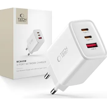 Tech-Protect Nca65W-Gan 3portová síťová nabíječka PD 65W / QC3.0 bílá