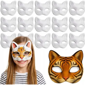 Karnevalová maska MASKA NA OBLIČEJ PRO KOČKY THERIAN COSPLAY K VLASTNÍMU POMALOVÁNÍ BÍLÁ PAPÍROVÁ 15 KS