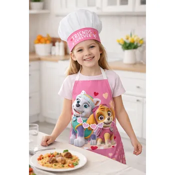 Kuchyňská zástěra Max-fashion KFT Dětská zástěra TLAPKOVÁ PATROLA SKYE A EVEREST se srdíčky set s čepicí růžová