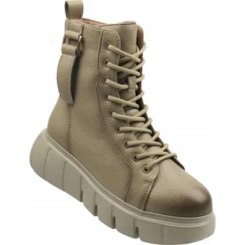 Dámská zimní obuv DÁMSKÉ KOTNÍKOVÉ BOTY CAMBELL 25-19339 BÉŽOVÉ KOŽENÉ ZIP PLATFORMA