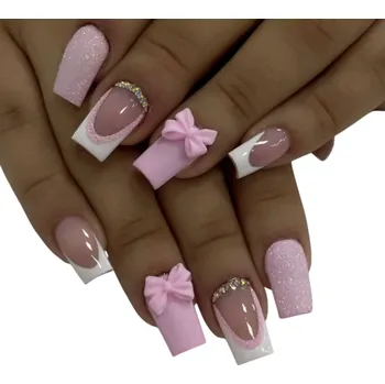 Umělé nehty Třpytivý francouzský glamour 24 ks Čtvercové akrylové nehty Kompletní tipy 12 velikostí Kamínky a 3D mašle pro salon i domov