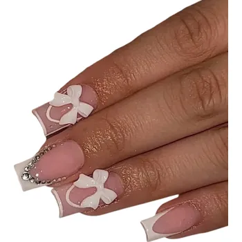 Umělé nehty Nude sada umělých nehtů s čtvercovým tvarem 3D mašličky a kamínky 12 velikostí Elegantní vzhled Lepidla a pilník v balení 24 ks