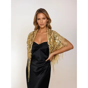 Šála Classic Scarf Elegantní slavnostní trojcípý zlatý pléd třpytivé pajetky, flitry společenská štola