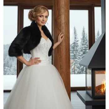 Dámský kožich Plyšové bolerko s 3/4 rukávem - černé: BF-57 Vybraná velikost: XL