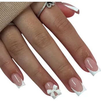 Umělé nehty Lesklý francouzský styl s 3D mašličkami Čtvercové akrylové nehty 24 ks 12 velikostí Kompletní sada pro domácí manikúru