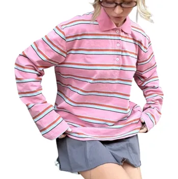Dámské tričko Dámská polokošile s dlouhým rukávem Pruhované provedení Výstřih do V s límečkem a knoflíky Bavlna se spandexem růžová L
