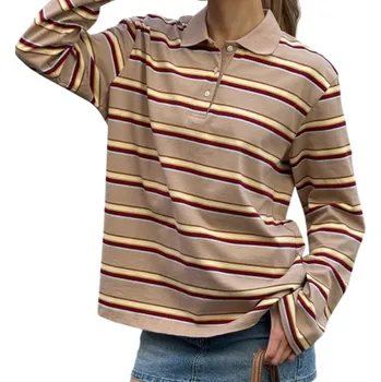 Dámské tričko Dámská polokošile s dlouhým rukávem Pruhované provedení Výstřih do V s límečkem a knoflíky Bavlna se spandexem béžova S