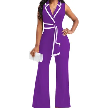 Dámský overall Dámský overal Jednobarevný model Široké kalhoty Široká ramínka Límeček Zavazování kolem pasu Výstřih do V Polyester Spandex fialová S