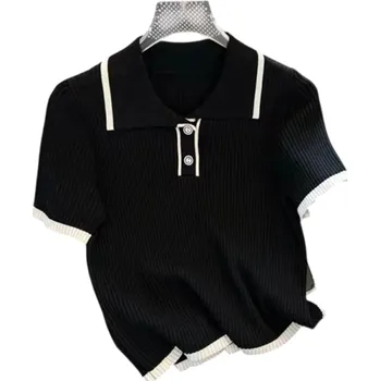 Dámské tričko Dámská polokošile Jednobarevné provedení Výstřih do V s límečkem a knoflíky Lehký polyesterový top na každodenní nošení černá S