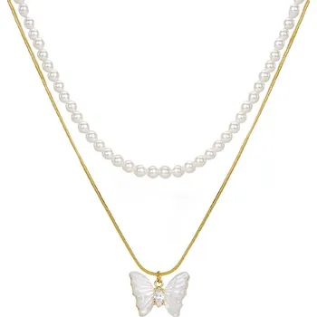 Náhrdelník JAY Dvojitý náhrdelník s perlami a motýlkem Melina JAY-0150-E1-48 Zlatá 39 cm + 5 cm (prodloužení)