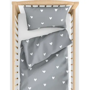 Povlečení Dětské bavlněné povlečení do postýlky - Srdíčka na šedém 100 x 135 a 40 x 60 cm