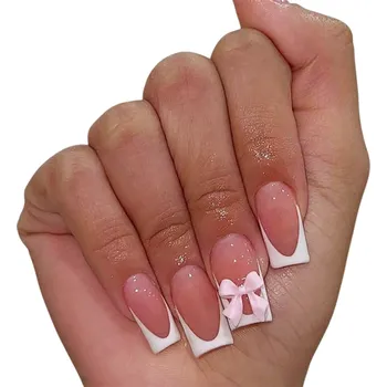 Umělé nehty Elegantní francouzský set s mašlemi 24 ks Nalepovací akrylové nehty Čtvercový tvar Plné krytí Domácí DIY manikúra pro ženy