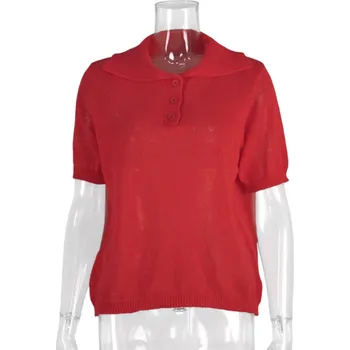 Dámské tričko Dámská polokošile s krátkým rukávem Jednobarevné provedení Výstřih do V s límečkem a knoflíky Bavlna s polyesterem červená M