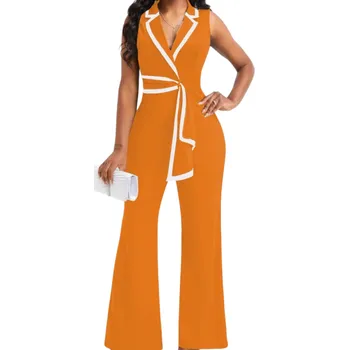 Dámský overall Dámský overal Jednobarevný model Široké kalhoty Široká ramínka Límeček Zavazování kolem pasu Výstřih do V Polyester Spandex oranžová M