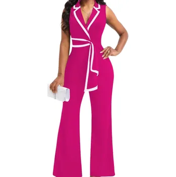Dámský overall Dámský overal Jednobarevný model Široké kalhoty Široká ramínka Límeček Zavazování kolem pasu Výstřih do V Polyester Spandex růžová XL