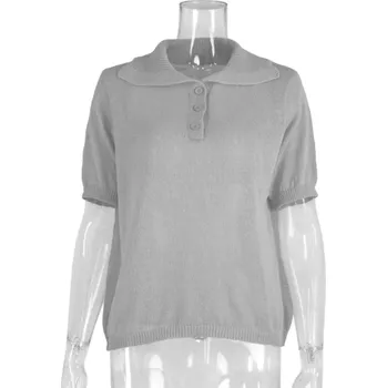 Dámské tričko Dámská polokošile s krátkým rukávem Jednobarevné provedení Výstřih do V s límečkem a knoflíky Bavlna s polyesterem šedá M