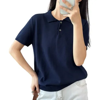 Dámská polokošile s krátkým rukávem Jednobarevné provedení Výstřih do V s límečkem a knoflíky Bavlněný top tmavě modrá XL