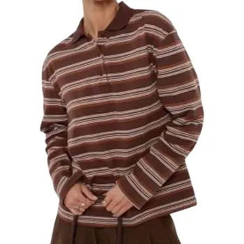 Dámské tričko Dámská polokošile s dlouhým rukávem Pruhované provedení Výstřih do V s límečkem a knoflíky Bavlna se spandexem hnědá L