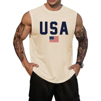 Pánské tílko Pánské tílko s kulatým výstřihem O Potisk americké vlajky a nápis USA Polyester Lehký letní top na sport volný čas béžova S