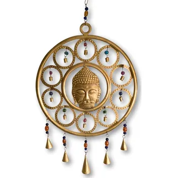 Mosazná dekorace s hlavou Buddhy 76 cm délka 76 cm, na zavěšení do krytých prostor, originál z Indie