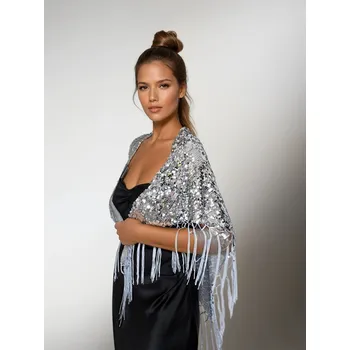 Šála Classic Scarf Elegantní slavnostní trojcípý stříbrný pléd třpytivé pajetky, flitry společenská štola